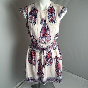 Bell Collection cream pink blue cotton silk blend high neck mini dress